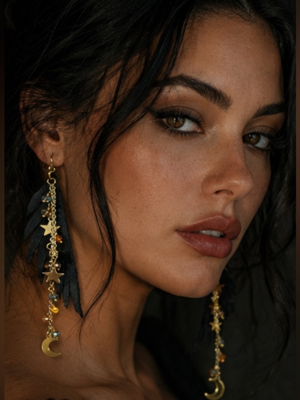 Black Leather Raven Wings & Gold Star Moon Drop Fringe Boho Earrings | Artisan - Picture 6 of 16